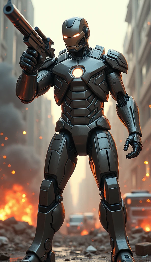 a Iron Man armor Themed RoboCop in action, aiming his Auto-9 pistol with precision, his armor reflecting the sparks of a nearby explosion, the background a chaotic urban battlefield with debris and damaged vehicles, the atmosphere tense and full of energy, digital art with dynamic lighting and realistic textures, capturing the essence of the action-packed scene,