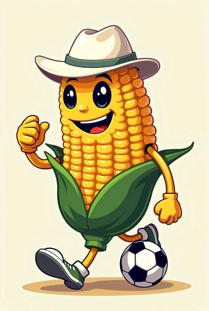 I want a football mascot, for a shield that is design style, that it is an ear of corn with extremities, white hat and a soccer ball on his leg.