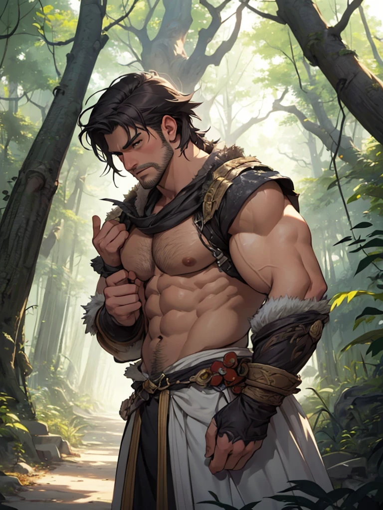 (masterpiece: 1.2), (very detailed: 1.2), (perfectly detailed), (very detailed and beautiful: 1.1) solo, 1 boy, male only, muscular male, Mentaiko art style, dynamic pose, shaved temples, thick stubble, has thick stubble, body hair, action scene, detailed face, at full height, nature magic, Druid