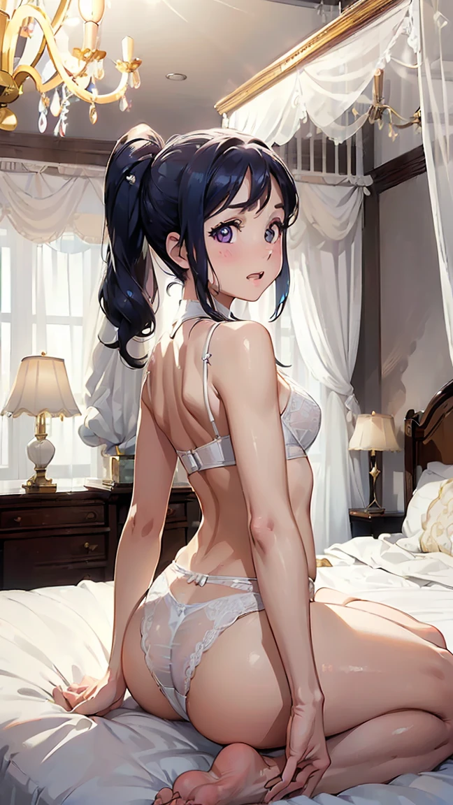 kanan matsuura,(((shine blue color hair))), long hair, ponytail, (purple eyes:1.1),-- ((On all fours))), (((White panties clearly visible from behind))), (((Legs spread 1.3))), ((((Composition from behind 1.3))), (((Back visible))), (((White panties clearly visible 1.3))), (Wet), Fair skin, (Slim figure 1.2), (( (Thin thighs 1.3))), Fair skin, -- --- Pure white and beautiful lace bra, (((Show me pure white and beautiful white lace lingerie))). ((Pure white and beautiful panties)), pure white and beautiful stockings, ---(8K, Raw, Highest Quality, Real 1.2), Ultra High Quality, High Resolution, Highest Quality, Perfect Face, Perfect Limbs, Perfect Fingers, High Resolution, (Beautiful Anime Face, Cute Face, Detailed Face), (bewildered: 1.3), (embarrassed: 1.3), (slightly surprised expression: 1.3), Lying on Bed, Cowboy Shot, Miniature Human Hand, (((small bust 1.3))), (((thin thighs 1.3))), ((white walls bedroom 1.5)), ((white framed bed 1.5)), ((white ceiling bedroom 1.5)), ((divine light 1.5)), pure white chalk interior, pure white marble interior, ((Pure white bedroom like a Western castle: 1.5)), ((Luxurious pure white canopy bed: 1.4)), ((Chandelier: 1.4))), ((Pure white bed 1.5)), ((Beautifully decorated bedroom 1.5)), perfect anatomy, perfect proportions, nice lighting, bright colors, clean lines, information, blurred, stunning facial expression, restless emotions, gorgeous and cute, beautiful face and eyes in every detail, (masterpiece) beautiful face, young and handsome girl, really perfect skin, blurred, stunning facial expression, restless emotions, gorgeous and cute, beautiful face and eyes in every detail, (Audrey Hepburn), (cute), (J-POP idol), (thighs, (depth of field), (depth of field), soft light, glittering lens gaze, (droopy eyes), straight teeth, shy smile, flowing hair, a scene from Blake's movie,