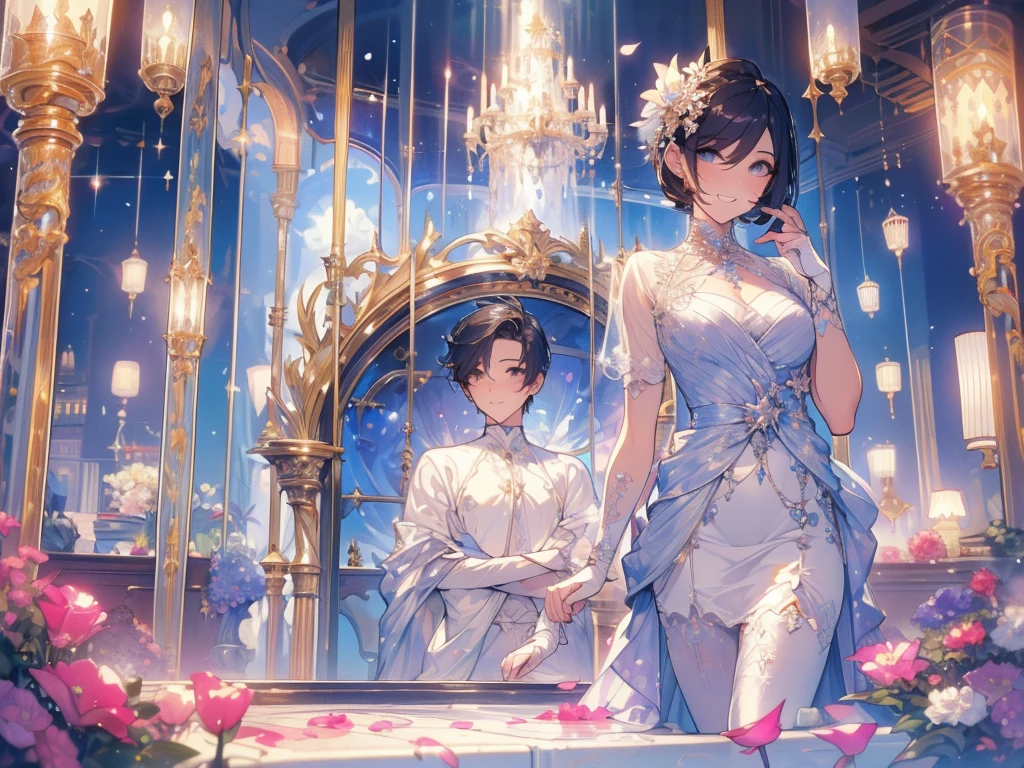 masterpiece，best quality，Idol，Castle in the Sky，Genting，sunglasses，Pure white background，Delicate face，Handsome short hair，Smile，whole body，Perfect body proportions，Sparkling eyes，Flower petals rain，Sexy，transparent，High heel，Fishnet stockings，Star decoration