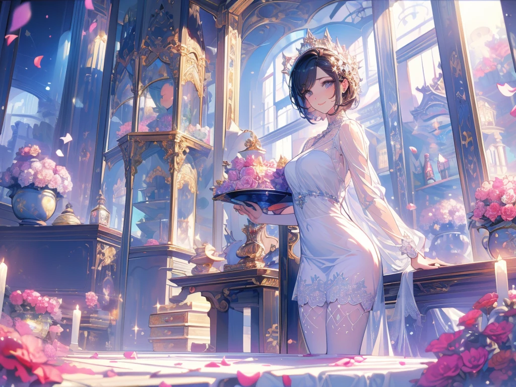 masterpiece,best quality,Idol,Castle in the Sky,Genting,sunglasses,Pure white background,Delicate face,Handsome short hair,Smile,whole body,Perfect body proportions,Sparkling eyes,Flower petals rain,Sexy,transparent,High heel,Fishnet stockings,Star decoration