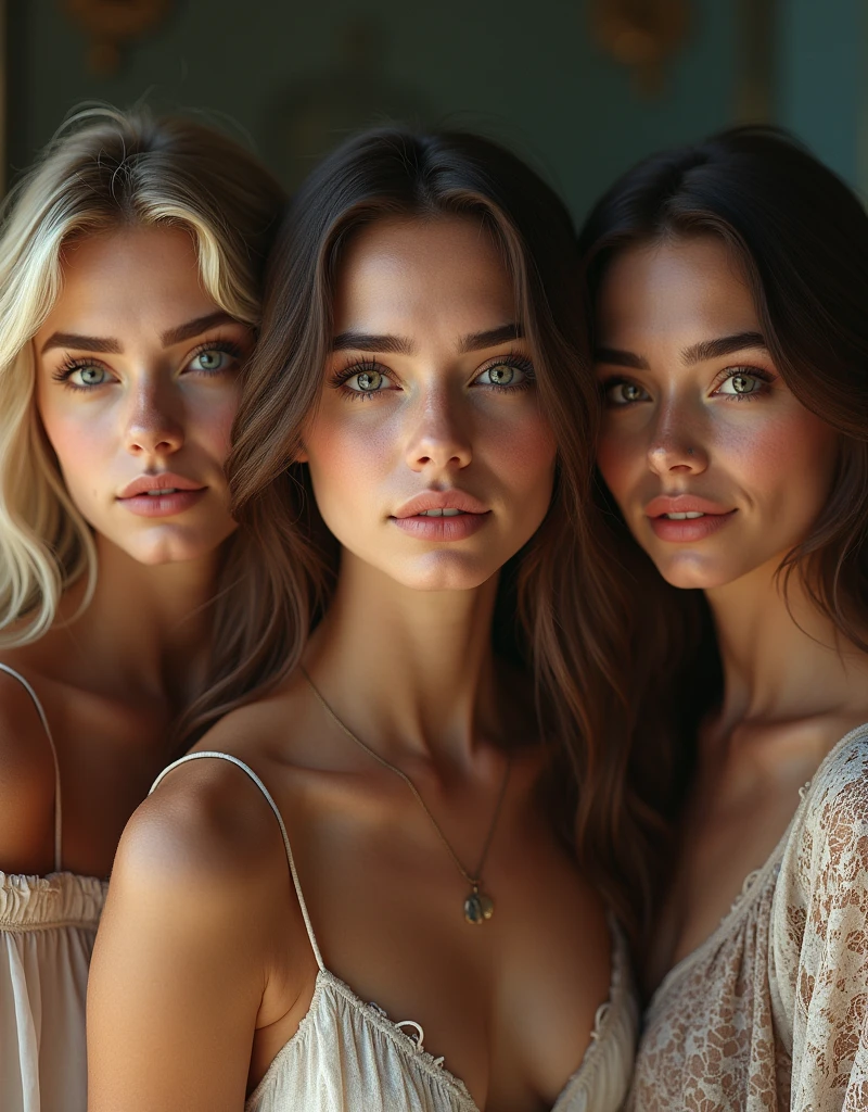 Best Quality,(raw photo:1.2),(masterpiece:1.4),(photorealistic:1.4),(High resolution:1.4), 3 different girls, depth of field, intricately detailed,8k, extremely detailed, perfect lighting, epic background. a girl with blonde hair and blue eyes, a girl with brown hair, black eyes , a girl with brown eyes and brown hair