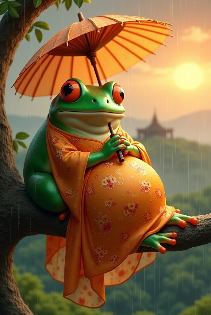 A fat green tree frog,She is wearing a gorgeous orange Chinese dress with a floral pattern.,Sleeping on a tree,Ultra-realistic,high resolution,Standing with a lotus leaf umbrella,It is raining in the background,The background is the hilltop at sunset,