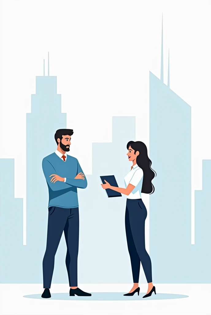 A 2D illustration featuring a business scenario with a man and a woman in a clean, minimalistic style. The man is standing confidently, wearing a blue shirt, while the woman is engaged in conversation with him, holding a tablet or documents. In the background, a cityscape with tall buildings is visible, adding a professional setting. The overall color scheme is light and modern, with flat design elements and simple, bold lines."