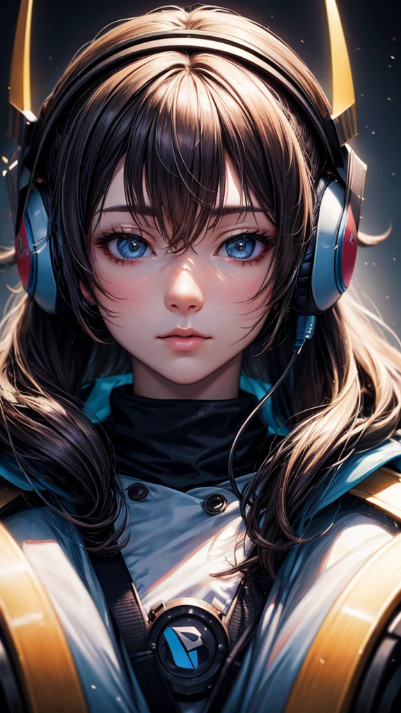 Solo, anime, masterpiece, best quality, high resolution, closeup portrait, a female, light navy hair, gamer, headphones, amazing composition, front view, HDR, ultra quality, cool, highly detailed, gamer girl