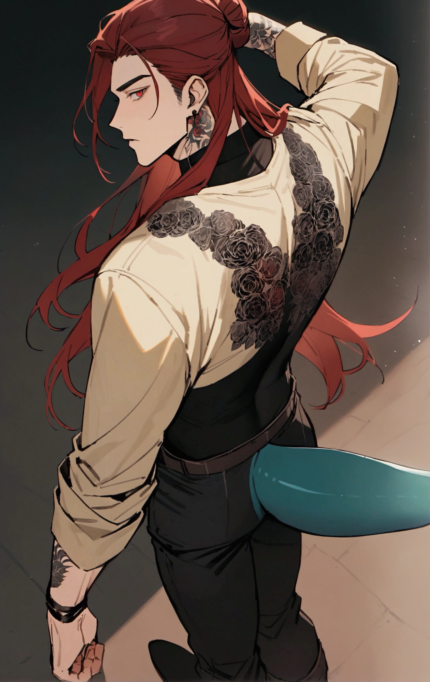Male, maroon long hair with a manbun, red eyes, tattoos of roses on the neck. shark teeth, fins on elbows and back, and a Shark tail. mock-neck tight black shirt, beige parka and black pants with boots. Handsome, masculine, beige jacket, handsome male, Long hair