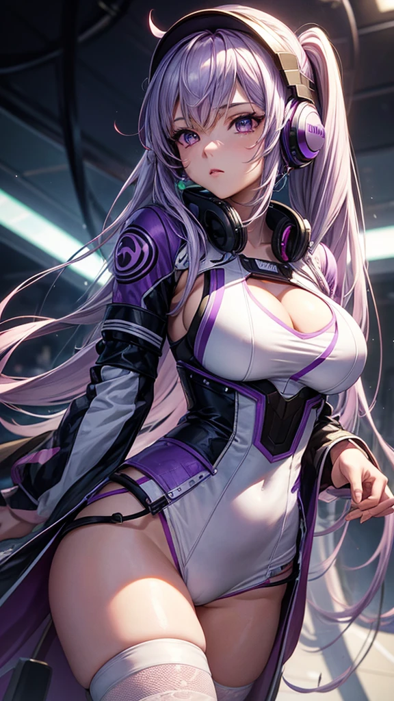 Solo, anime, masterpiece, best quality, high resolution, closeup portrait, a female, light purple hair, gamer, headphones, amazing composition, front view, HDR, ultra quality, cool, highly detailed, gamer girl