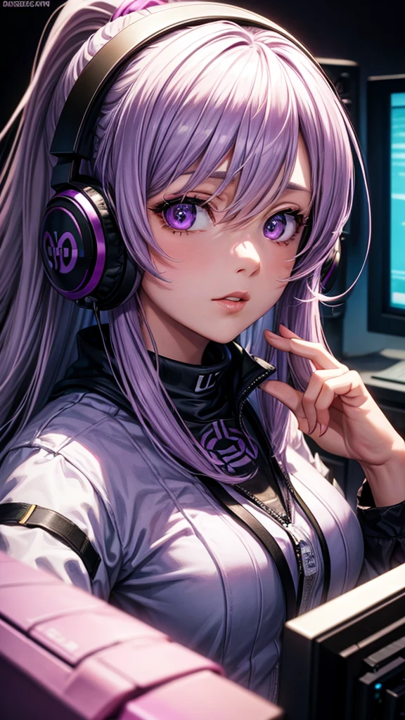 Solo, anime, masterpiece, best quality, high resolution, closeup portrait, a female, light purple hair, gamer, headphones, amazing composition, front view, HDR, ultra quality, cool, highly detailed, gamer girl