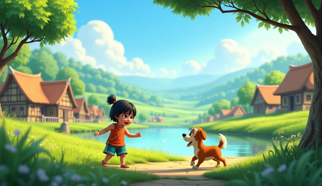 A peaceful village scene with a calm river flowing, lush green fields, and a few traditional houses in the background. Birds are chirping in the clear blue sky, and the overall atmosphere is serene and idyllic.
Chanda and Chintu Playing: chintu is a  dog generate 3d animated image