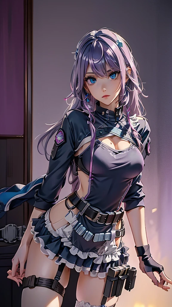 2 girls ,purple hairs, green inner hair, straight hair, blue eyes, very large breasts, sexy cyberpunk style, tactical jacket, cowboy shot, tactical clothes, leotard with blue trim, detached sleeves, fingerless gloves, gun holster belt,, garter straps, knee socks, handgun, ,, white background, studio light, (masterpiece:1.2), (best quality:1.2), (very aesthetic:1.2), (absurdres:1.2), (simple background:1.2),newest, intricate details, perfect anatomy,
