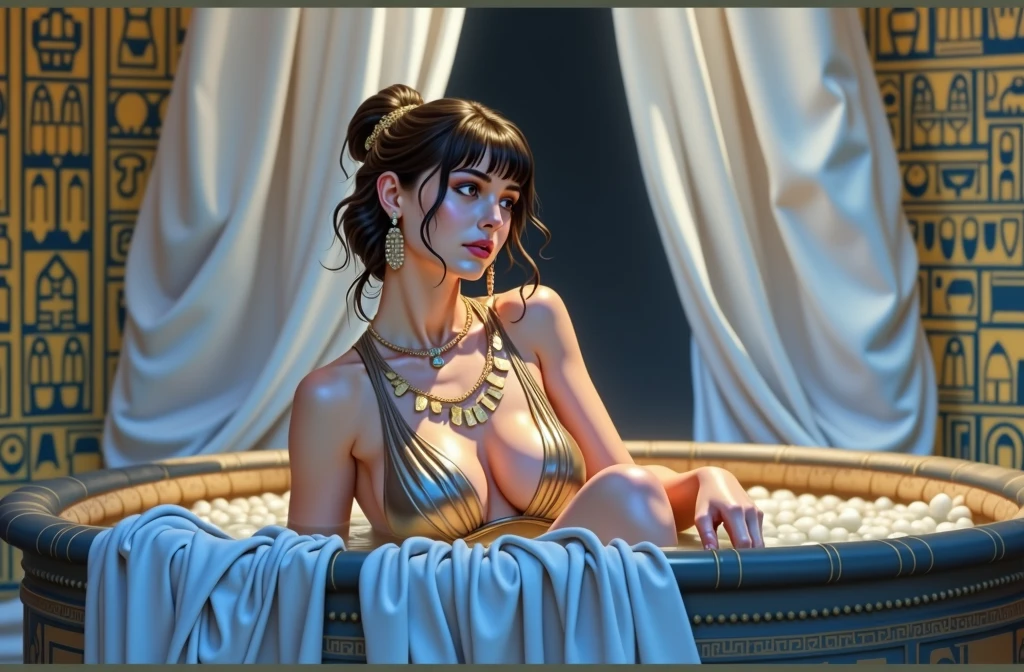 A beautiful Egyptian woman dressed in brown silk bathes in milk in an ancient thermal bath.. The bathroom walls are adorned with intricate hieroglyphics.., Telling stories of ancient Egypt. A soft light filters through an upper opening., throwing a warm, Golden glow upon the scene. The woman is adorned with traditional Egyptian jewelry., Exuding grace and tranquility.