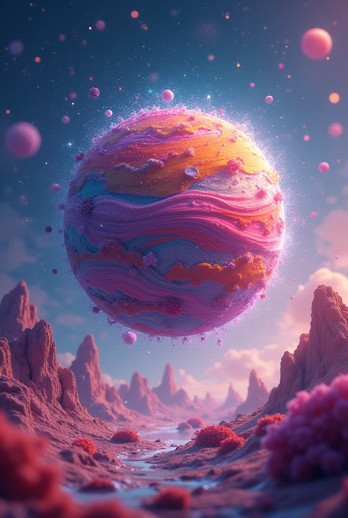 Generate me the image of a planet that looks very fun and colorful for children and with sparks around it, very eye-catching for children 