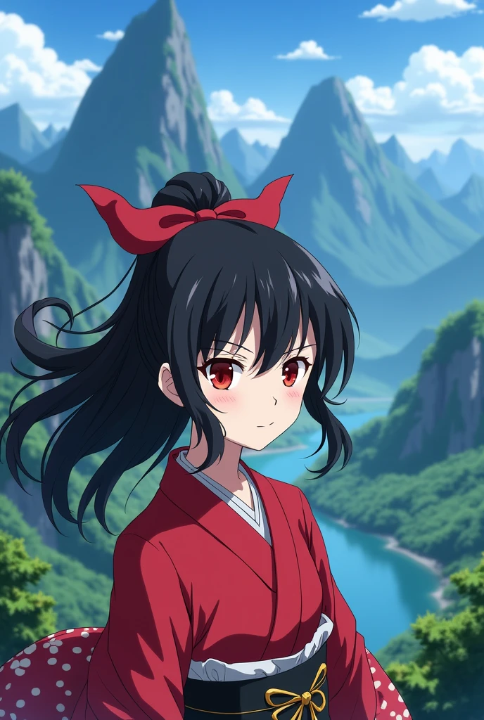 Kimetsu no Yaiba screenshot of a girl with black hair tied with a red ribbon and red eyes. A beautiful landscape behind her. She is wearing a red kimono. Ufotable, ss4