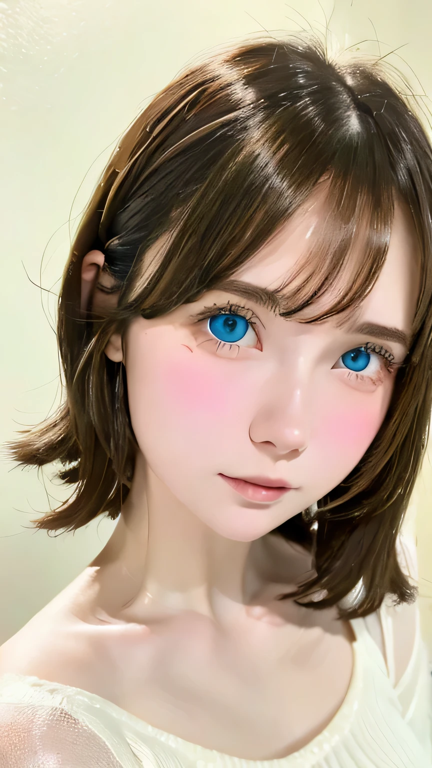looking at the viewer, cinematic lighting, perfection, soft light, high resolution skins:1.2, realistic skin texture, 30 years old、small face、No makeup、off shoulder,bust B cup、 exposed cleavage, blue eyes, short hair, dark brown hair、leggings、good for sports、full nude、gray background