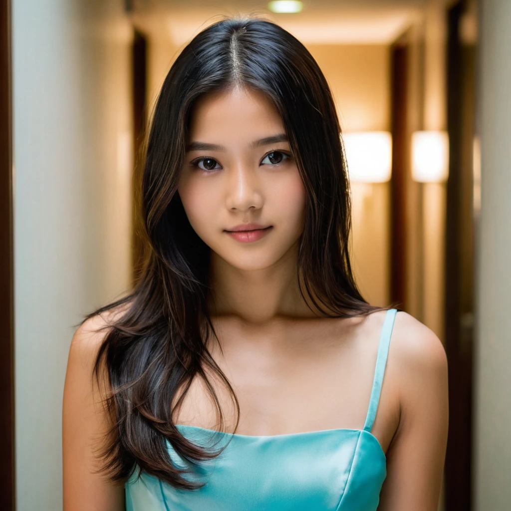 Yui, photo of female, age 15 year, black shoulder length hair with brown highlights; (rim lighting, studio lighting, dslr, ultra quality, film grain, Fujifilm XT3, crystal clear, 8K UHD, highly detailed glossy eyes, high detailed skin, skin pores); wear tight long cyan plain dress, in hotel corridor