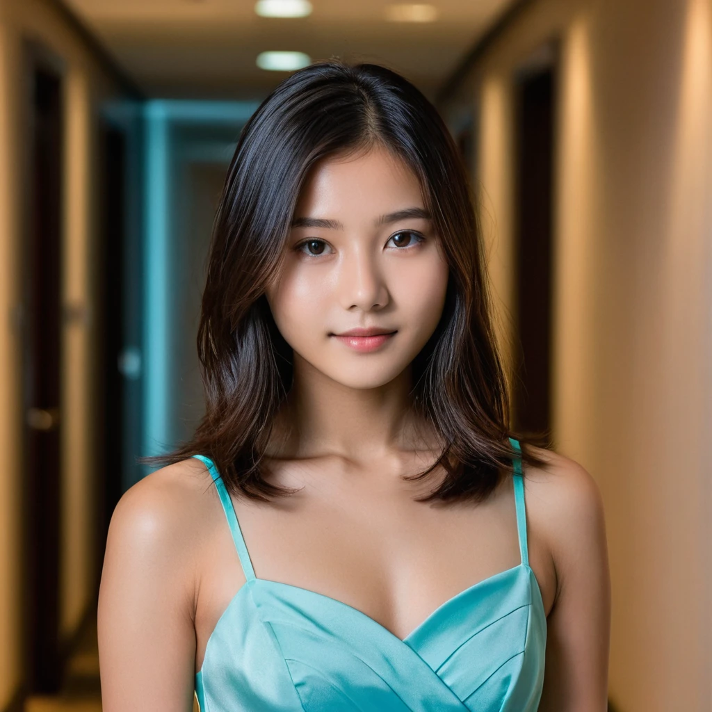 Yui, photo of female, age 15 year, black shoulder length hair with brown highlights; (rim lighting, studio lighting, dslr, ultra quality, film grain, Fujifilm XT3, crystal clear, 8K UHD, highly detailed glossy eyes, high detailed skin, skin pores); wear tight long cyan plain dress, in hotel corridor