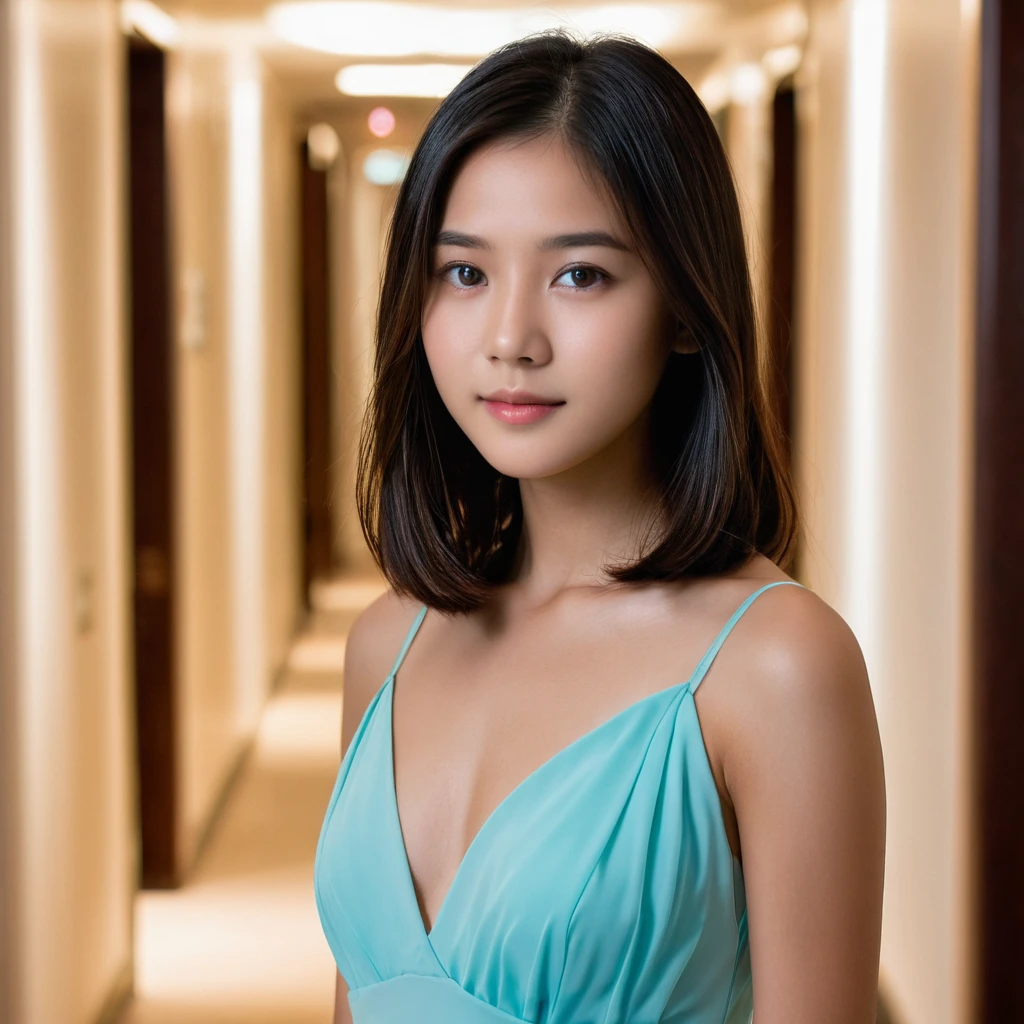 Yui, photo of female, age 15 year, black shoulder length hair with brown highlights; (rim lighting, studio lighting, dslr, ultra quality, film grain, Fujifilm XT3, crystal clear, 8K UHD, highly detailed glossy eyes, high detailed skin, skin pores); wear tight long cyan plain dress, in hotel corridor