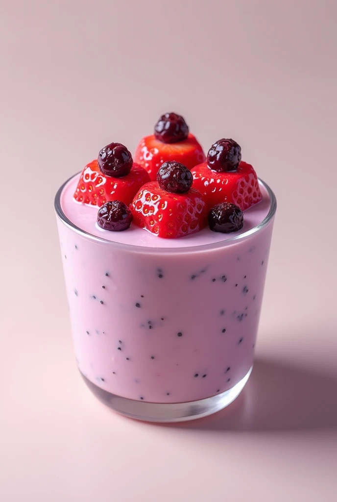 (photorealism:1.2), cup with blackberry-flavored yogurt with 4 strawberry cubes and 3 raisins