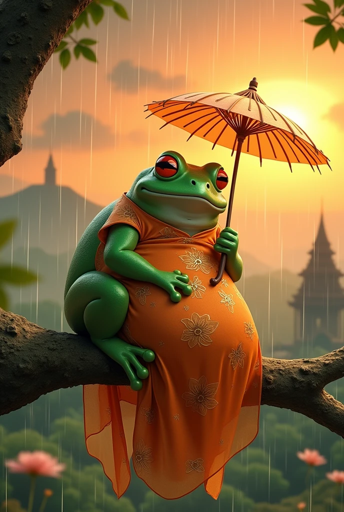 A fat green tree frog，She is wearing a gorgeous orange Chinese dress with a floral pattern.，Sleeping on a tree，Ultra-realistic，high resolution，Standing with a lotus leaf umbrella，It is raining in the background，The background is the hilltop at sunset，
