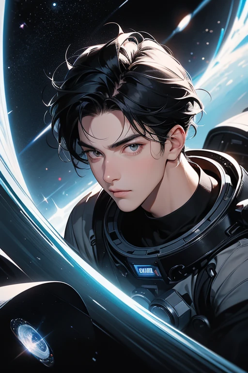 A handsome man. Twenty-three years old. Black hair. He is looking at the camera with a serious expression. In the space behind the man, a silver road spirals into outer space and into that outer space.
