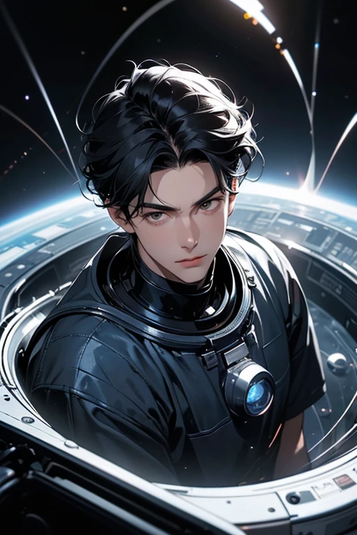 A handsome man. Twenty-three years old. Black hair. He is looking at the camera with a serious expression. In the space behind the man, a silver road spirals into outer space and into that outer space.