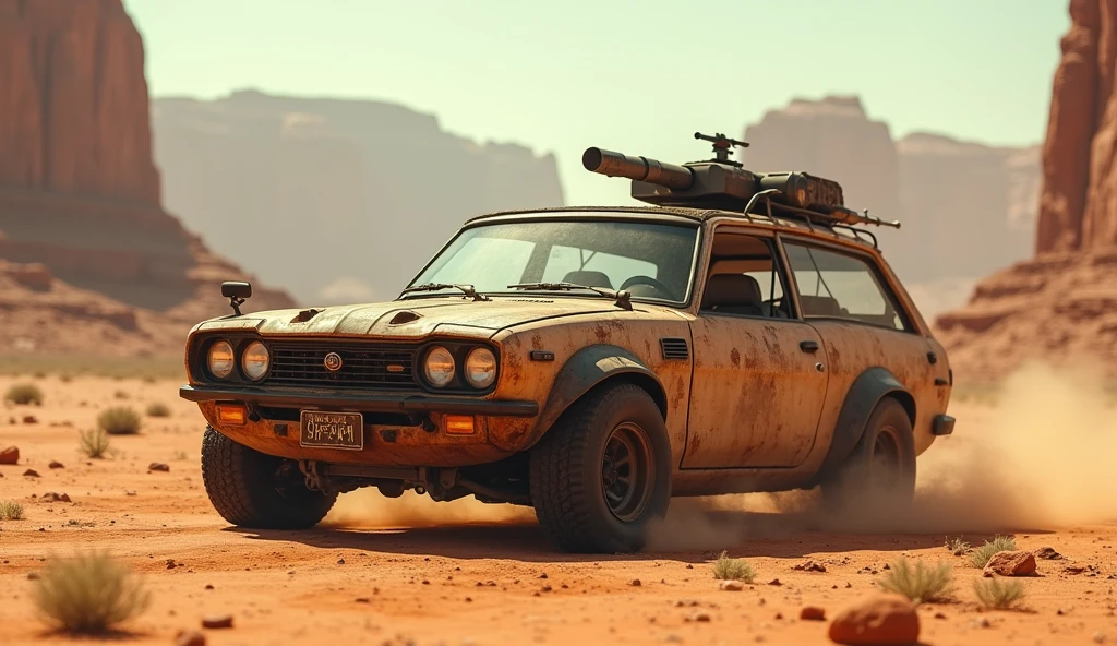 Cyberpunk Datsun Vintage Armored Wagon、Shallow depth of field、(masterpiece:1.3) (最high quality:1.2) (high quality:1.1)、Cinematic Light, ((Cinema Lighting),(Natural light),(High level of artistry),(artistic),(Indistinguishable quality from the real thing),RAW Photos,Genuine,Genuine,High resolution,RAW Photos,masterpiece, beautiful, desert