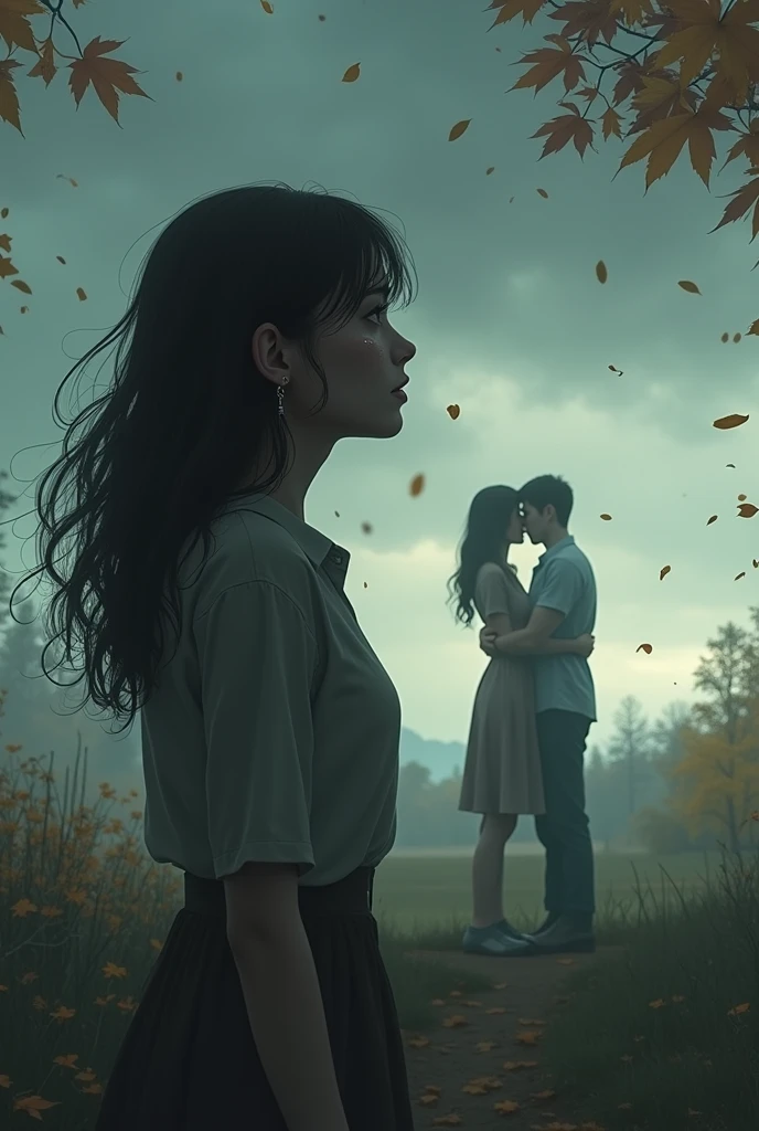 A scene of a woman looking into the distance, with tears in his eyes as he watches his ex-partner smiling in someone else's arms. The landscape is melancholic, with a cloudy sky and falling leaves, symbolizing the passage of time.