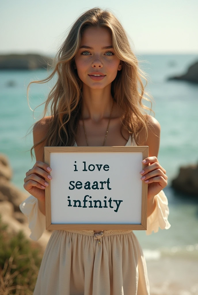 Beautiful girl with wavy long hair, bohemian dress, holding a white board with text "I Love Seaart Infinity" and showing it to the viewer