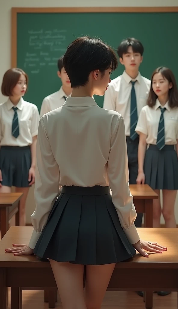 Erotic school girl back view, 20 year old,korean, short hair,leafting coat, school uniform, seating on table, school boys looking at her