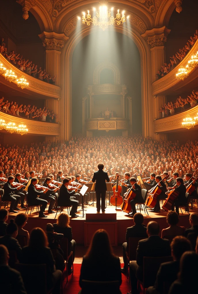 An orchestra giving a concert surrounded by the second floor seats full of people applauding