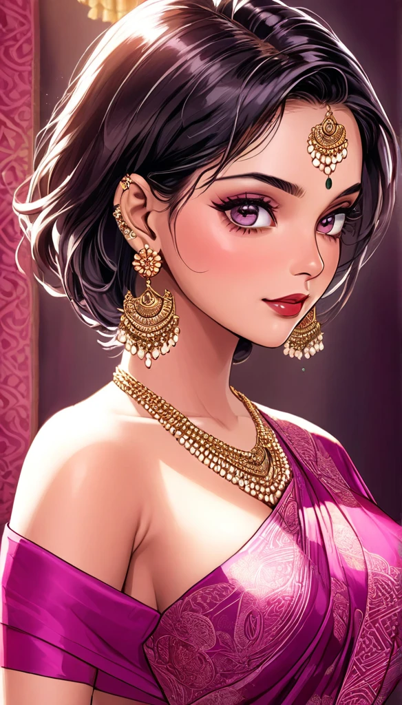 (Comic illustration)Renowned actress at the age of 28 wearing a provocative magenta silk  saree with intricate patterns, braless, tassel earrings, short hair , saggy breasts ,face makeup, beautiful, alluring,long kundan  jhumka earrings , necklace,white skin 