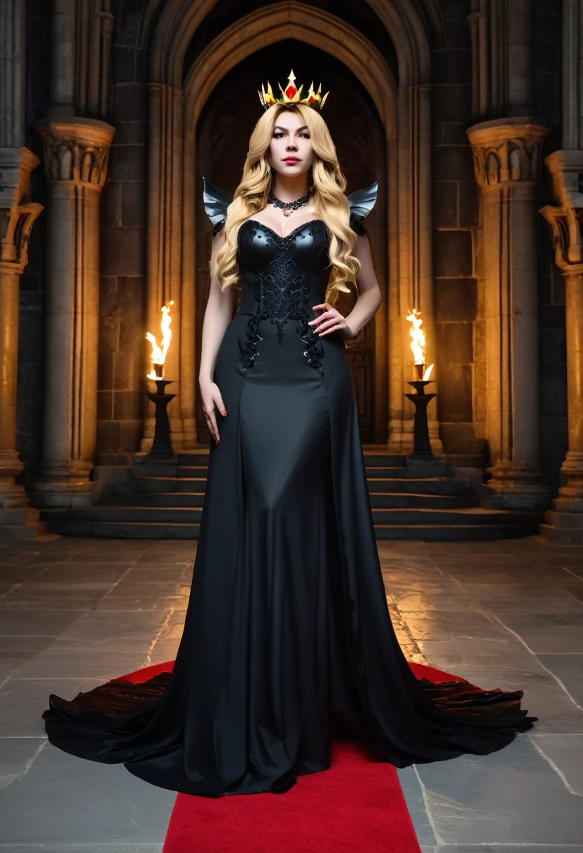 A female character based on Bowsette, wearing a golden crown, with long blonde hair, demon horns, and a confident expression. She is dressed in an elegant black gown with spiked details, standing inside a grand gothic castle. The castle walls are made of dark stone, lit by torches that cast dramatic shadows. The floor is covered with a red carpet leading to an imposing throne. Tall, narrow windows reveal a night sky with a full moon, adding a sense of mystery and power to the scene.