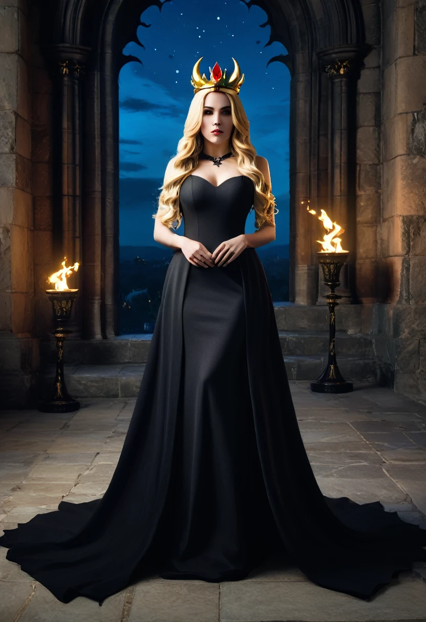 A female character based on Bowsette, wearing a golden crown, with long blonde hair, demon horns, and a confident expression. She is dressed in an elegant black gown with spiked details, standing inside a grand gothic castle. The castle walls are made of dark stone, lit by torches that cast dramatic shadows. The floor is covered with a red carpet leading to an imposing throne. Tall, narrow windows reveal a night sky with a full moon, adding a sense of mystery and power to the scene.