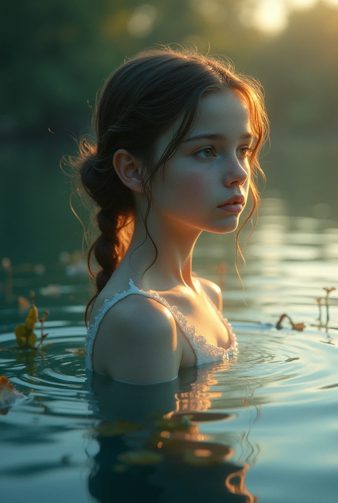 A girl in a lake, with cerdes tones, The sunlight, since ago, the girl looking to her right, with the shadows of the face well marked, that the illuminations and shadows of the place are seen