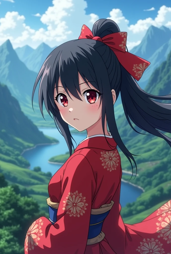 Kimetsu no Yaiba screenshot of a girl with black hair tied with a red ribbon and red eyes. A beautiful landscape behind her. She is wearing a red kimono. Ufotable, ss4