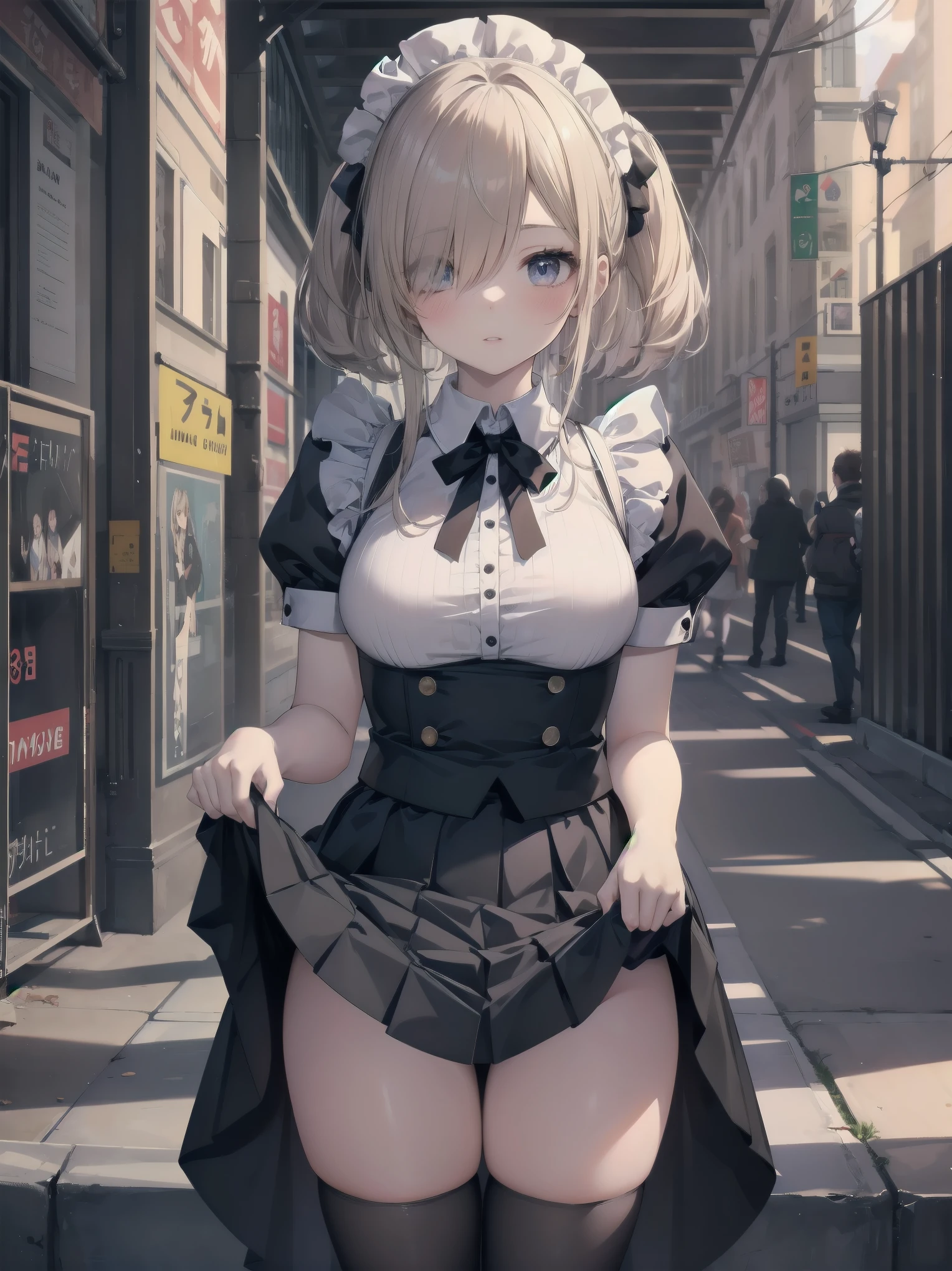 Highly detailed CG Unity 8k wallpaper, Top quality, Highly detailed, Masterpiece, Highly detailed pretty girl, 8 , (((lifting skirt by herself))), (lifting skirt by herself)), dynamic angles, sexy pose, blush, lips apart, looking at audience, half body shot, (crowd), (crowded big city)), hair over one eye, immaculate beauty, less revealing maid outfit, classical maid fashion