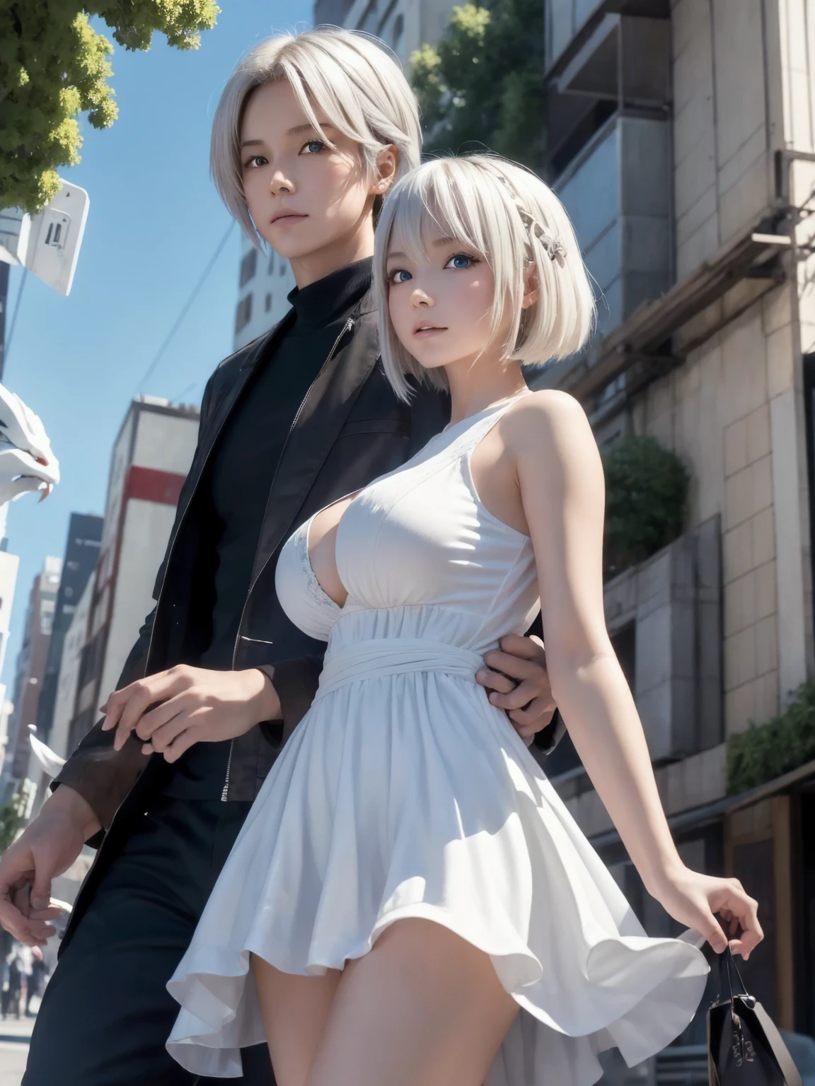 (masterpiece, best quality),Anime couple、Walking through a sci-fi city filled with feasts and debauchery. A Cute girl with waist-length white hair and golden eyes,detailed eyes,Leading a beautiful woman with medium length hair.,blue eyes,large breasts, The shadows of a white dragon and a phoenix behind ther. Close-up perspective. Concept art Makoto Shinkai,Makoto Shinkai, I love the concept art, Loss transformer. Landscape Background,