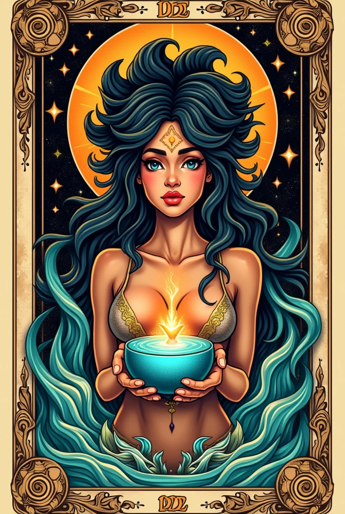 Create a tattoo image that blends blackwork and neotraditional styles, using the tarot card The Star as an image reference, the woman being referenced by Venus, with Brazilian features and holding a water carrier. The edge of the tattoo follows the reference of a tarot card.