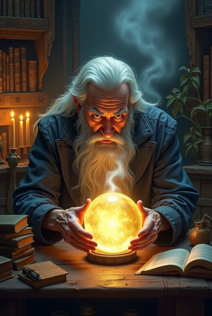 Elderly psychic looking into the future with a crystal ball