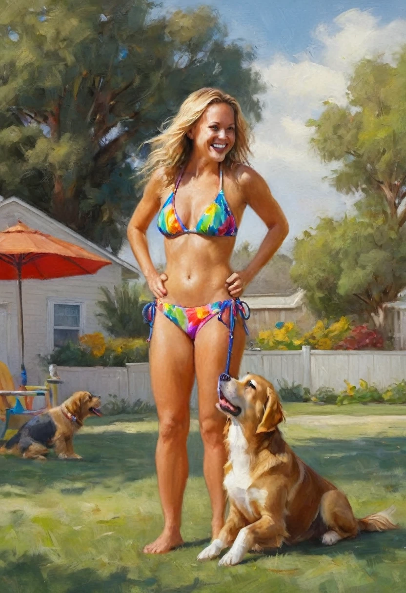 Brea Larson (age 25, colorful bikini) playing with a big happy dog, licking face, backyard fun, scene of happiness
