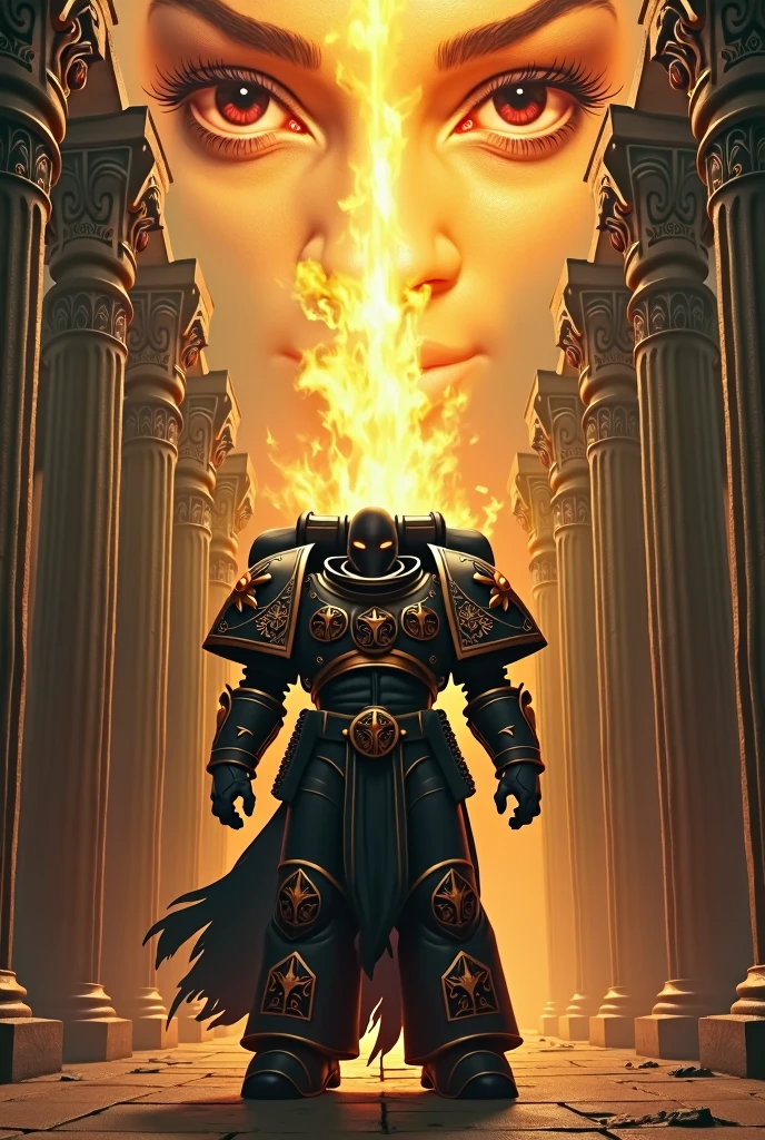 The subconscious of one of the fighters is a Space Marine Astartes, Dark Angels. There are seven pillars around him, which denote his character. His will. A golden, holy flame is blazing in the area. And in the sky, two female eyes look at him with warmth and care, in which the reflections of fire are visible. The Astartes Space Marine stands erect, raising his arms high...
