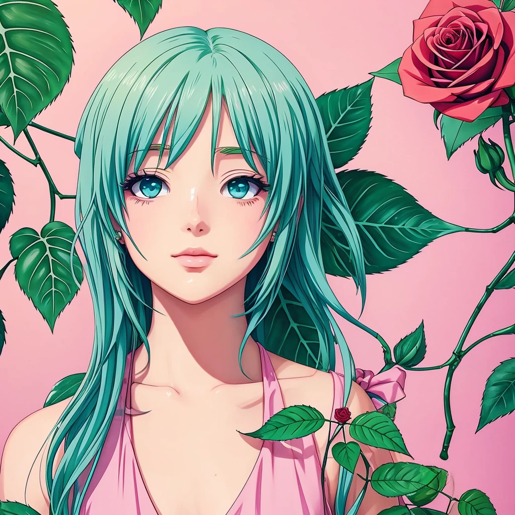 A girl holding a rose (plant) in soft color anime styled artwork for music, trippy