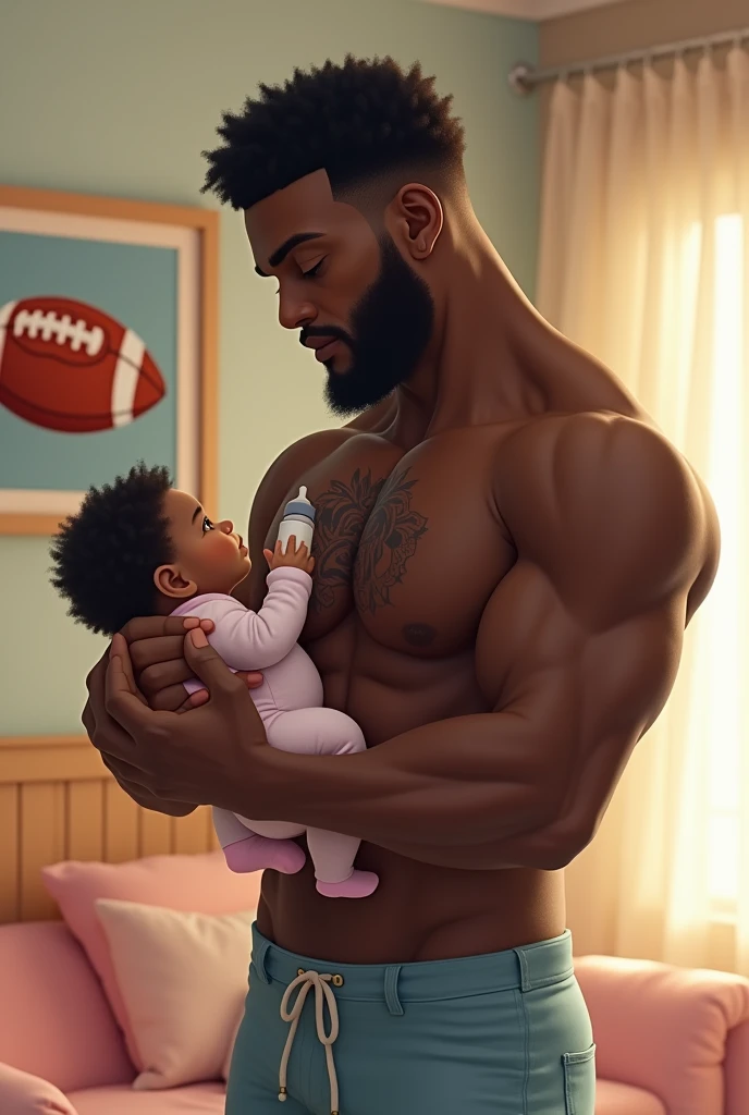 A tall and strong black American football player with a tattoo on his chest standing in a baby&#39;s room holding a  bottle filled with milk. On the wall a picture of an American football ball