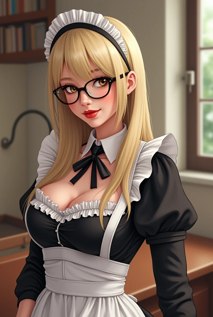 Generate my English teacher in a maid outfit she is blonde, with glasses , A beautiful sorinsa with a red lip, a 40 year old woman's body that is not very fat, with normal breasts but with a big butt and legs, make her a little fatter, She has long straight hair, now naked