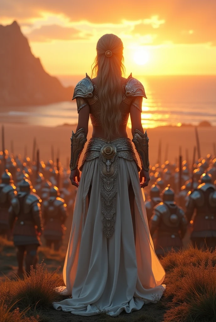 A woman dressed in white armor with her back turned in front of a large army in a valley facing the sunset of the sea