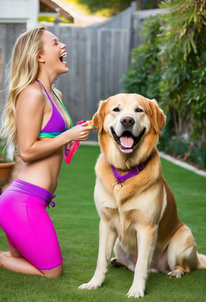 Brea Larson (age 25, colorful bikini) playing with a big happy dog, licking face, backyard fun, scene of happiness
