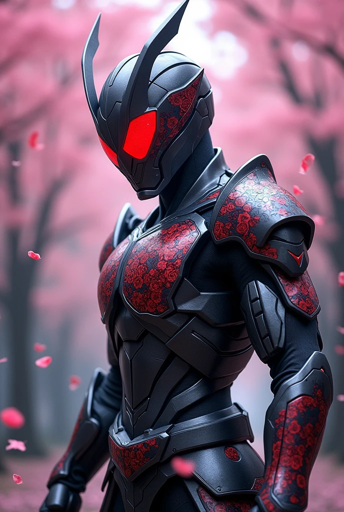 Create a Kamen Rider design that combines the image of a samurai and a robot, with armor made of metal and featuring cherry blossom motifs. The transformation item is a laser sword.