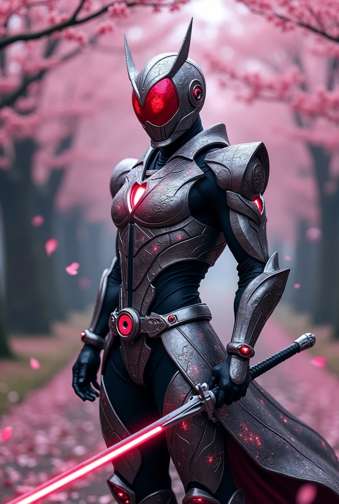 Create a Kamen Rider design that combines the image of a samurai and a robot, with armor made of metal and featuring cherry blossom motifs. The transformation item is a laser sword.