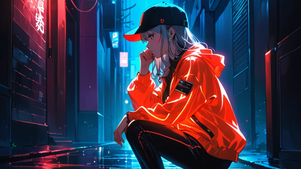 An anime-style illustration of a woman crouching in the dark, He is hiding his face with his hat and looking straight ahead. She is wearing a street style jacket and sneakers., Highlighted in fluorescent red, making them visible in the dark.
Red eyes,
High resolution, masterpiece, Accurate, 最high quality, Attention to detail, high quality, Very detailed, dark,Long Hair, Gray Hair